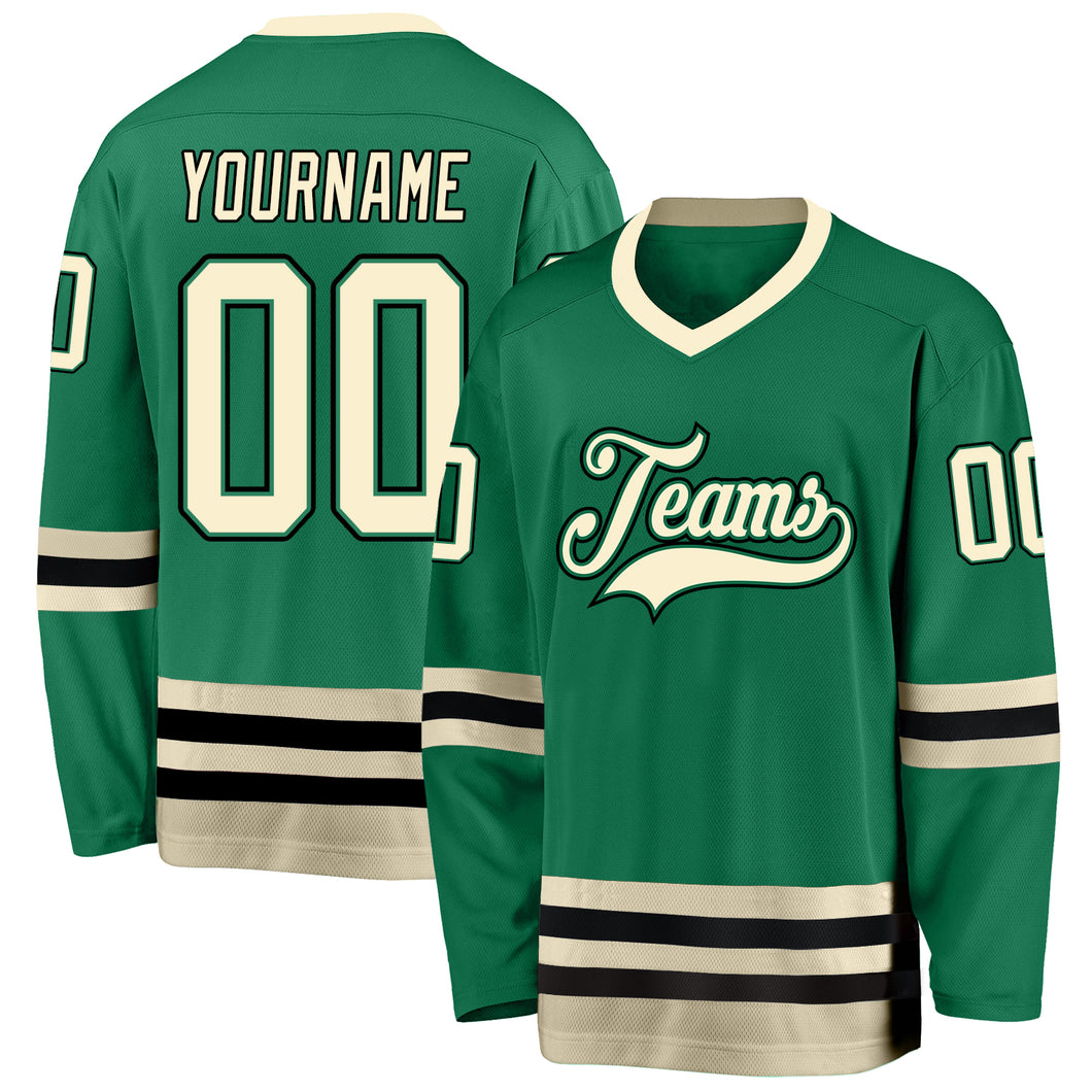 Custom Kelly Green Cream-Black Hockey Jersey