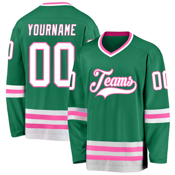 Custom Kelly Green White-Pink Hockey Jersey