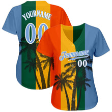 Load image into Gallery viewer, Custom Kelly Green Light Blue-White 3D Pattern Design Hawaii Coconut Trees Authentic Baseball Jersey

