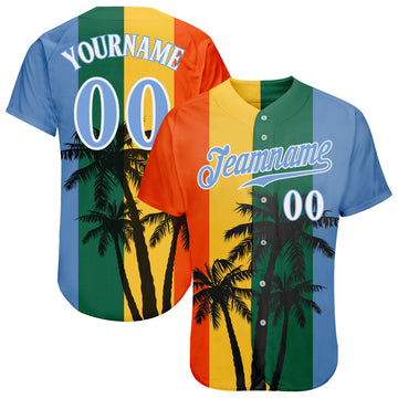 Custom Kelly Green Light Blue-White 3D Pattern Design Hawaii Coconut Trees Authentic Baseball Jersey