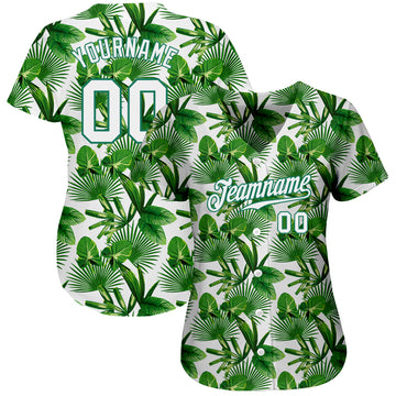 Custom Kelly Green White-Kelly Green 3D Pattern Design Tropical Palm Leaves Authentic Baseball Jersey