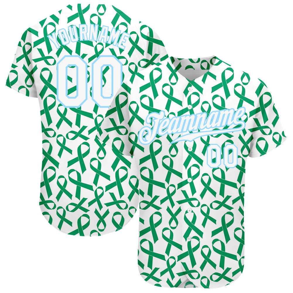 Custom Kelly Green White-Light Blue 3D Pattern Design Breast Cancer Authentic Baseball Jersey