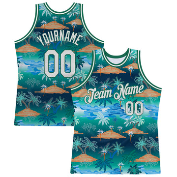 Custom Kelly Green White-Kelly Green 3D Pattern Hawaii Palm Trees Authentic Basketball Jersey