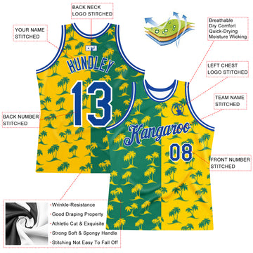 Custom Kelly Green Royal-Gold 3D Pattern Design Palm Trees Authentic Basketball Jersey