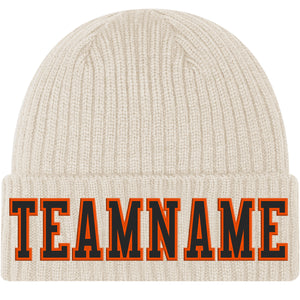 Custom City Cream Black-Orange Stitched Cuffed Knit Hat