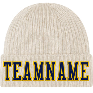 Custom City Cream Navy-Gold Stitched Cuffed Knit Hat