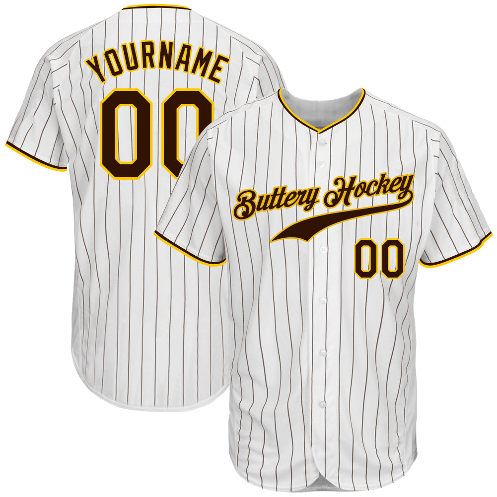 Custom White Brown Pinstripe Brown-Gold Authentic Baseball Jersey