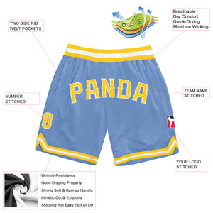 Custom Light Blue Gold-White Authentic Throwback Basketball Shorts