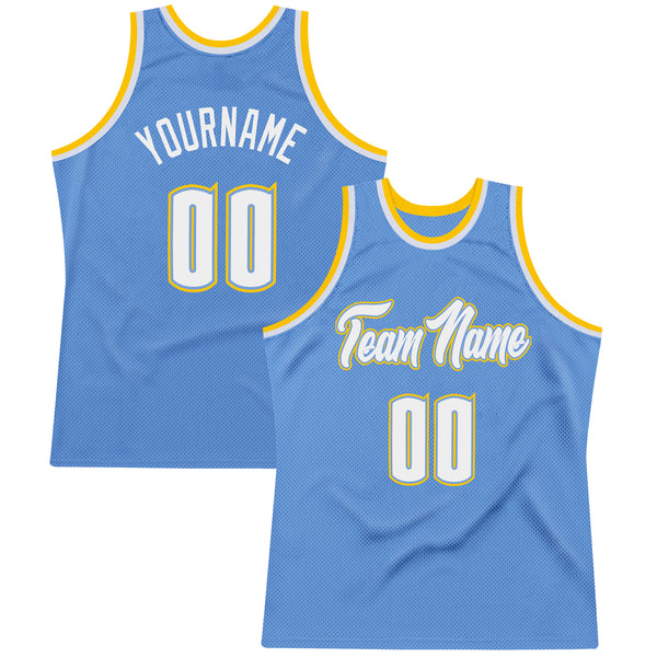 Custom Light Blue White Gold Authentic Throwback Basketball Jersey Sale Fcustom