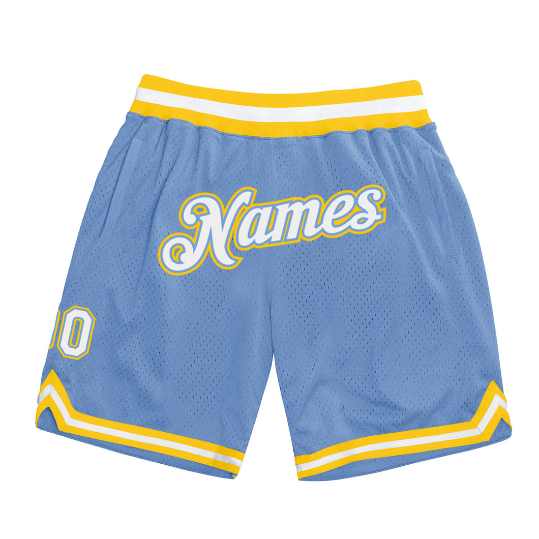 Custom Light Blue White-Gold Authentic Throwback Basketball Shorts