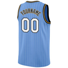 Load image into Gallery viewer, Custom Light Blue White Pinstripe White-Old Gold Authentic Basketball Jersey
