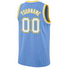 Load image into Gallery viewer, Custom Light Blue White Pinstripe White-Gold Authentic Basketball Jersey
