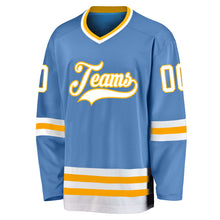 Load image into Gallery viewer, Custom Light Blue White-Gold Hockey Jersey
