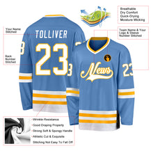 Load image into Gallery viewer, Custom Light Blue White-Gold Hockey Jersey
