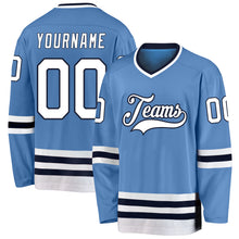 Load image into Gallery viewer, Custom Light Blue White-Navy Hockey Jersey
