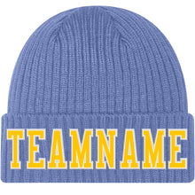 Load image into Gallery viewer, Custom Light Blue Gold-White Stitched Cuffed Knit Hat
