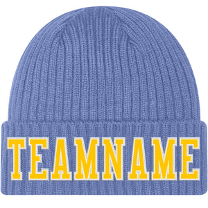 Custom Light Blue Gold-White Stitched Cuffed Knit Hat