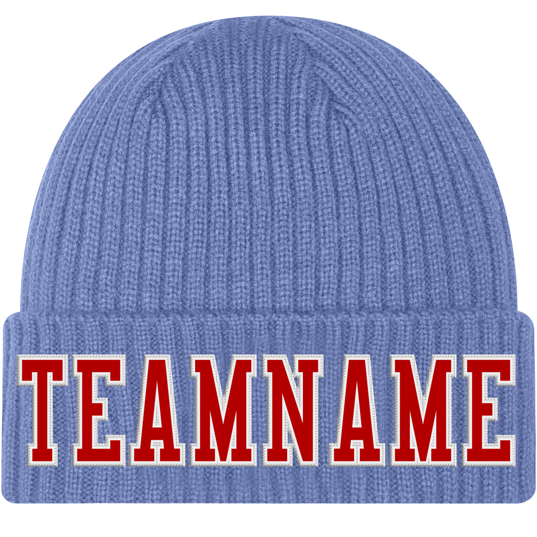 Custom Light Blue Red-White Stitched Cuffed Knit Hat