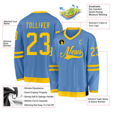 Custom Light Blue Gold Hockey Jersey