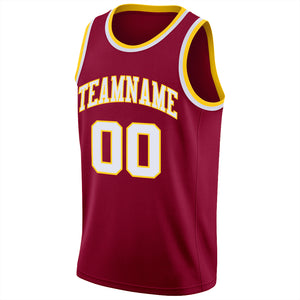 Custom Maroon White-Gold Round Neck Rib-Knit Basketball Jersey