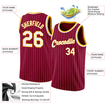 Custom Maroon White Pinstripe White-Gold Authentic  Basketball Jersey