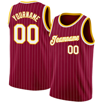 Custom Maroon White Pinstripe White-Gold Authentic  Basketball Jersey