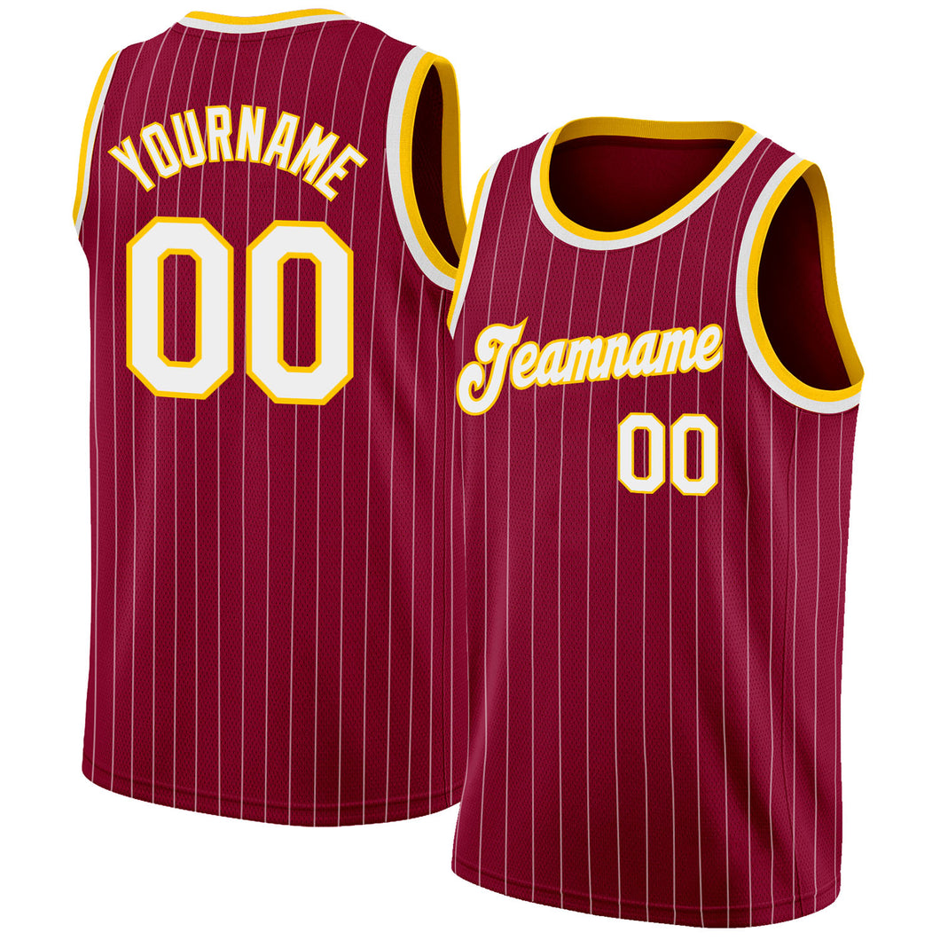 Custom Maroon White Pinstripe White-Gold Authentic Throwback Basketball Jersey