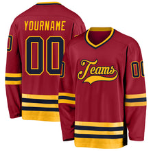 Load image into Gallery viewer, Custom Maroon Navy-Gold Hockey Jersey
