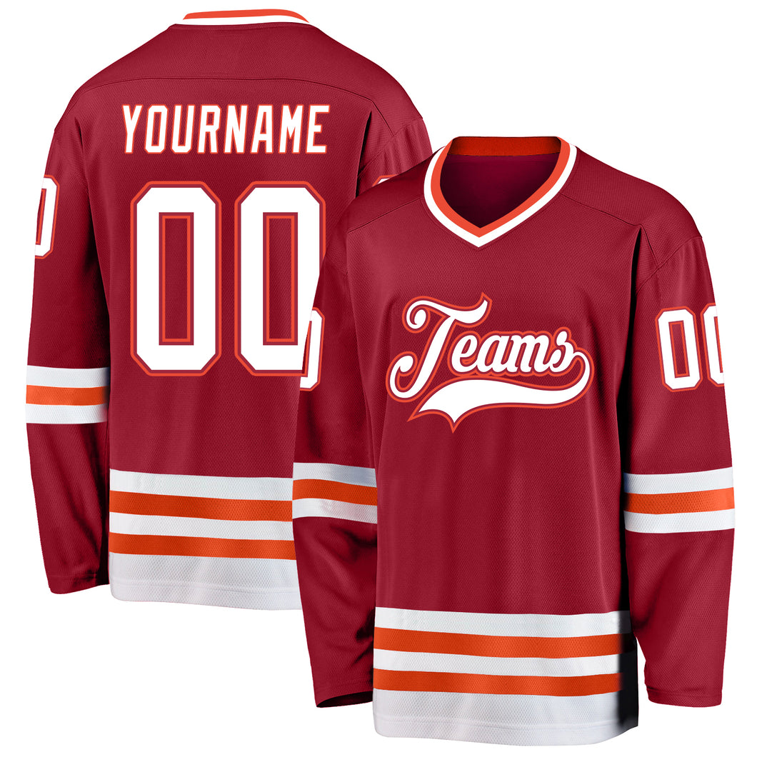 Custom Maroon White-Orange Hockey Jersey