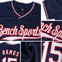 Load image into Gallery viewer, Custom Navy White-Red Authentic Baseball Jersey
