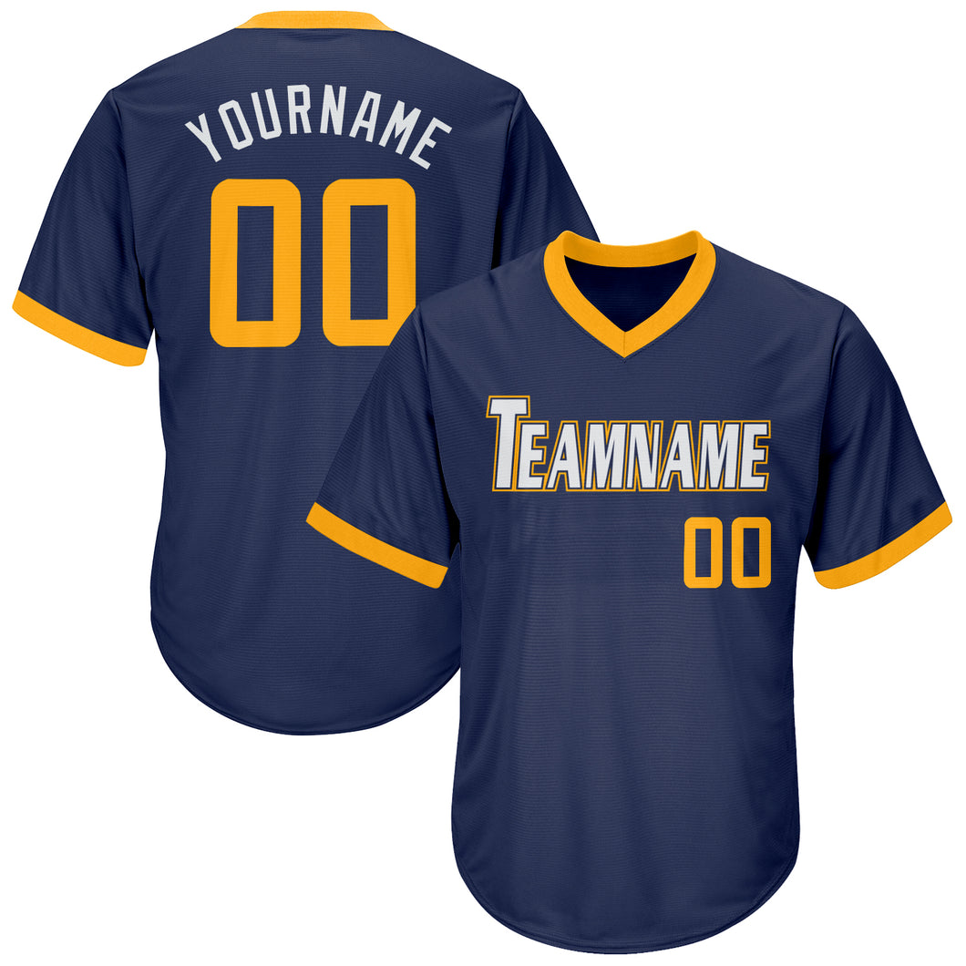 Custom Navy Gold-White Authentic Throwback Rib-Knit Baseball Jersey Shirt