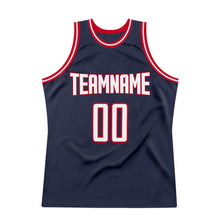Load image into Gallery viewer, Custom Navy White-Red Authentic Throwback Basketball Jersey
