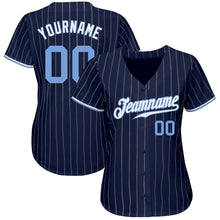 Load image into Gallery viewer, Custom Navy White Pinstripe Light Blue-White Authentic Baseball Jersey
