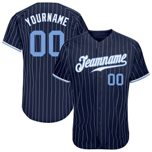Load image into Gallery viewer, Custom Navy White Pinstripe Light Blue-White Authentic Baseball Jersey
