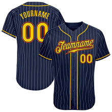 Load image into Gallery viewer, Custom Navy White Pinstripe Gold-Orange Authentic Baseball Jersey
