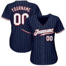 Load image into Gallery viewer, Custom Navy White Pinstripe White-Red Authentic Baseball Jersey
