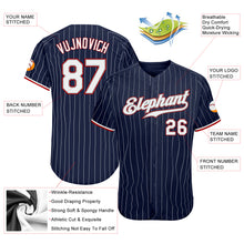 Load image into Gallery viewer, Custom Navy White Pinstripe White-Red Authentic Baseball Jersey
