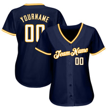 Load image into Gallery viewer, Custom Navy White-Gold Authentic Baseball Jersey
