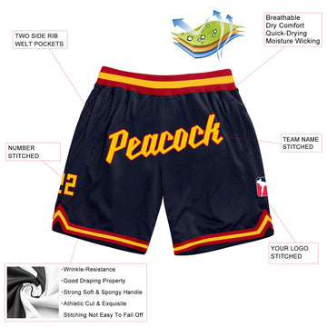 Custom Navy Gold-Red Authentic Throwback Basketball Shorts