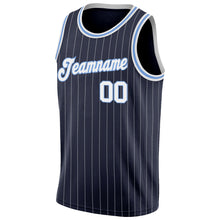 Load image into Gallery viewer, Custom Navy White Pinstripe White-Light Blue Authentic Throwback Basketball Jersey
