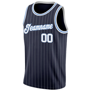 Custom Navy White Pinstripe White-Light Blue Authentic Throwback Basketball Jersey