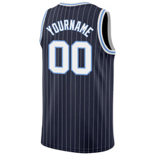 Load image into Gallery viewer, Custom Navy White Pinstripe White-Light Blue Authentic Throwback Basketball Jersey

