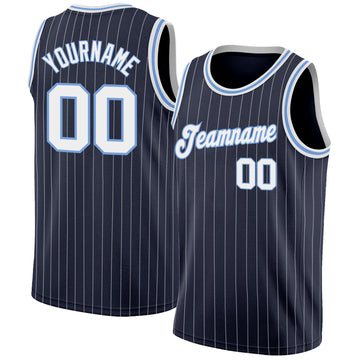 Custom Navy White Pinstripe White-Light Blue Authentic  Basketball Jersey