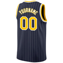 Load image into Gallery viewer, Custom Navy White Pinstripe Gold-White Authentic Basketball Jersey
