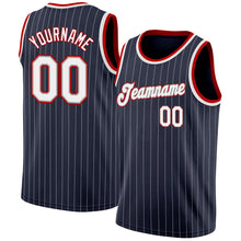 Load image into Gallery viewer, Custom Navy White Pinstripe White-Red Authentic Basketball Jersey
