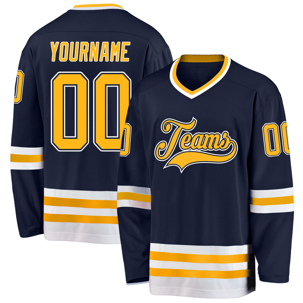 Custom Navy Gold-White Hockey Jersey