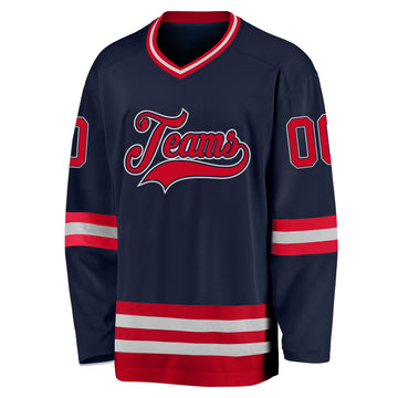 Custom Navy Red-Gray Hockey Jersey