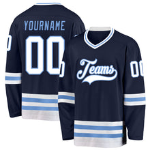Load image into Gallery viewer, Custom Navy White-Light Blue Hockey Jersey
