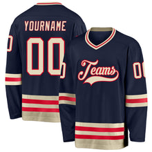 Load image into Gallery viewer, Custom Navy Cream-Red Hockey Jersey
