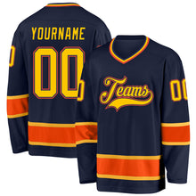 Load image into Gallery viewer, Custom Navy Gold-Orange Hockey Jersey
